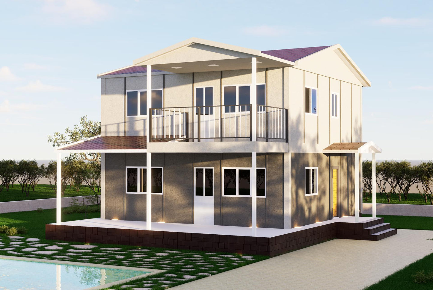 Çift katlı, modern tasarımlı prefabrik ev modeli – Şen Evim Prefabrik kalitesiyle.