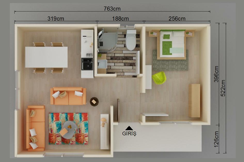 Banyo ve mutfak iç dekorasyonlu prefabrik ev – Şen Evim Prefabrik ile üretim.