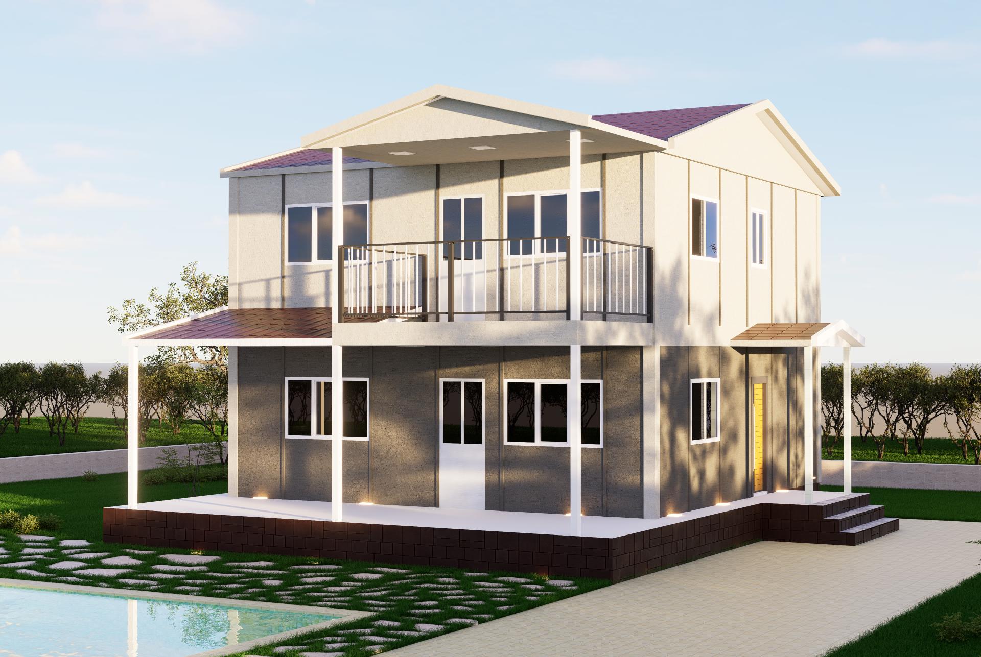 Çift katlı, modern tasarımlı prefabrik ev modeli – Şen Evim Prefabrik kalitesiyle.